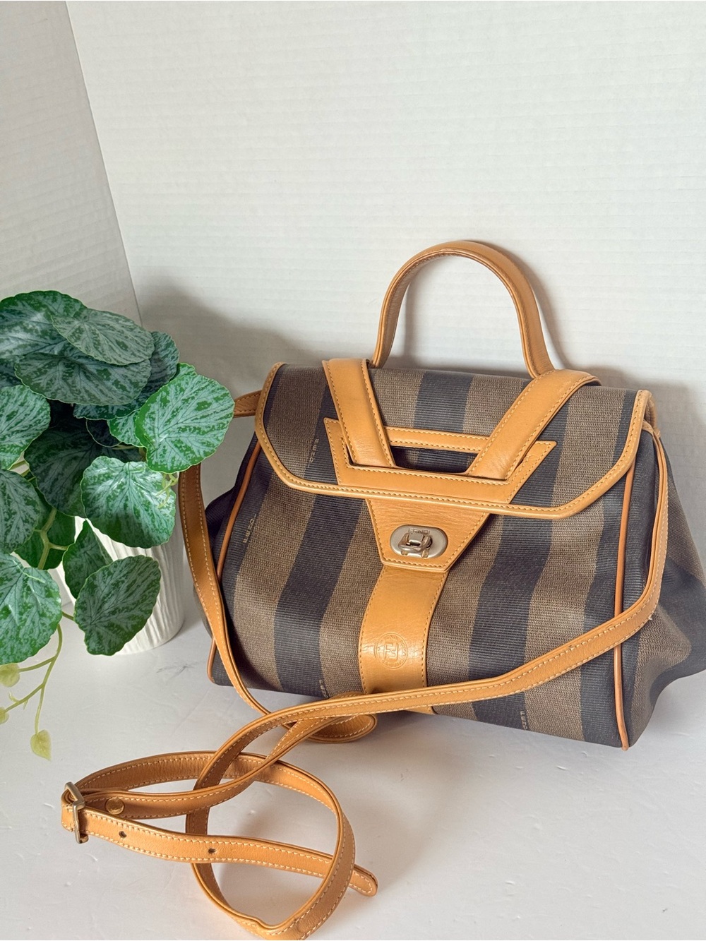 Fendi Pequin Black & Tan Striped Handbag/Crossbody Bag with Leather Trim. - Picture 4 of 17